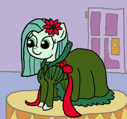 Size: 640x600 | Tagged: safe, artist:ficficponyfic, color edit, edit, edited edit, oc, oc only, oc:emerald jewel, colt quest, alternate color palette, bow, clothes, color, colored, colt, crossdressing, cute, cyoa, door, drag queen, dress, femboy, flower, flower in hair, male, ribbon, shoes, solo, trap