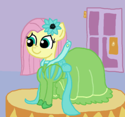 Size: 640x600 | Tagged: safe, artist:ficficponyfic, color edit, edit, edited edit, fluttershy, oc, oc:emerald jewel, colt quest, g4, alternate color palette, bow, clothes, color, colored, colt, crossdressing, cute, cyoa, door, drag queen, dress, femboy, flower, flower in hair, male, recolor, ribbon, shoes, solo, trap