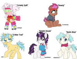 Size: 1090x838 | Tagged: safe, artist:dbkit, knight shade, lickety-split, oc, oc only, oc:critter trail, oc:robin blue, oc:rowdy, pegasus, pony, unicorn, g1, g4, feedback requested, g1 to g4, generation leap, offspring, parent:donut joe, parent:fluttershy, parent:pinkie pie, parent:prince blueblood, parent:scootaloo, parent:snails, parent:snips, parent:trixie, parents:blueshy, parents:pinkiejoe, parents:scootasnips, parents:tenderbelle, parents:trails, simple background, sketch, sketch dump, transparent background, wip
