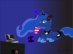 Size: 2239x1669 | Tagged: safe, artist:playfulpossum, princess luna, gamer luna, g4, computer, female, glowing horn, headphones, horn, looking at you, solo, television