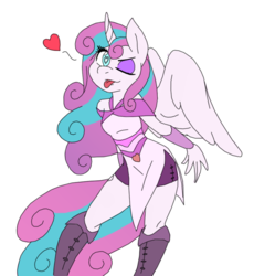 Size: 829x902 | Tagged: safe, artist:ambris, color edit, edit, princess flurry heart, alicorn, anthro, g4, ;p, boots, clothes, colored, curved horn, dress, eyeshadow, female, heart, heart eyes, horn, looking at you, makeup, older, older flurry heart, one eye closed, princess emo heart, shorts, simple background, spread wings, teasing, teenage flurry heart, teenager, tongue out, white background, wingding eyes, wink