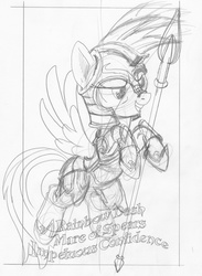 Size: 1191x1629 | Tagged: safe, artist:ciaran, derpibooru exclusive, rainbow dash, pegasus, pony, g4, armor, female, flying, monochrome, sketch, smiling, solo, spear, spread wings, tarot card, tarot:once upon a time, traditional art, weapon