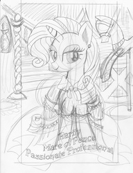 Size: 1269x1652 | Tagged: safe, artist:ciaran, derpibooru exclusive, rarity, pony, unicorn, g4, clothes, door, dress, female, mannequin, monochrome, sketch, solo, staircase, tarot card, tarot:once upon a time, traditional art