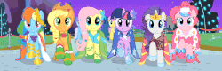 Size: 1280x410 | Tagged: safe, edit, edited screencap, screencap, applejack, fluttershy, pinkie pie, rainbow dash, rarity, twilight sparkle, g4, the best night ever, animated, clothes, dress, female, gala dress, looking at you, mane six