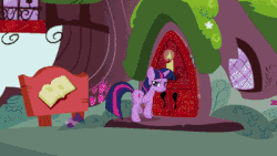Size: 400x225 | Tagged: safe, edit, edited screencap, screencap, spike, twilight sparkle, dragon, pony, feeling pinkie keen, g4, abuse, animated, book, butt, door, golden oaks library, loop, reversed, smashing, twilybuse, vibrating