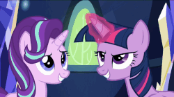 Size: 858x482 | Tagged: safe, screencap, starlight glimmer, twilight sparkle, alicorn, pony, g4, spice up your life, duo, duo female, evil smile, female, gif, magic, non-animated gif, twilight sparkle (alicorn)