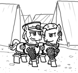 Size: 640x600 | Tagged: safe, artist:ficficponyfic, oc, oc only, earth pony, pony, colt quest, adult, armor, arrow, boots, camp, chainmail, cyoa, fantasy class, female, hat, inquisitor, knight, male, mare, monochrome, smiling, stallion, story included, talking, tent, walking, warrior