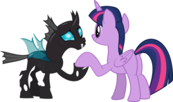 Size: 9988x5914 | Tagged: safe, artist:pink1ejack, thorax, twilight sparkle, alicorn, changeling, pony, g4, the times they are a changeling, absurd resolution, butt, crying, eye contact, holding hooves, open mouth, plot, raised hoof, simple background, smiling, tears of joy, that was fast, transparent background, twilight sparkle (alicorn), vector