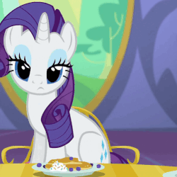 Size: 501x501 | Tagged: safe, screencap, rarity, pony, unicorn, castle sweet castle, g4, season 5, :<, animated, behaving like a cat, blinking, chair, cute, female, food, frown, looking at you, mare, pancakes, raribetes, raricat, rarity looking at food, sad, sitting, solo