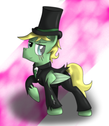 Size: 2000x2300 | Tagged: safe, artist:fenrir connell, oc, oc only, oc:rottsopony, clothes, hat, high res, ponysona, raised hoof, solo, top hat, torn clothes, tuxedo