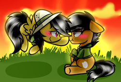 Size: 1024x691 | Tagged: dead source, safe, artist:artypaints, daring do, quibble pants, pony, g4, stranger than fan fiction, blushing, boop, duo, female, male, scrunchy face, ship:daringpants, shipping, straight, that was fast