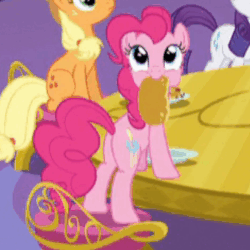 Size: 412x412 | Tagged: safe, screencap, applejack, pinkie pie, rarity, earth pony, pony, castle sweet castle, g4, animated, balloonbutt, butt, cute, diapinkes, eating, female, food, mare, nom, pancakes, plot