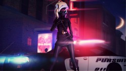 Size: 3000x1687 | Tagged: safe, artist:chocokumiko, oc, oc only, oc:ice trio, anthro, 3d, baton, bus stop, car, lens flare, moon, police