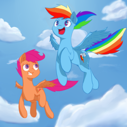 Size: 2000x2000 | Tagged: safe, artist:periodicbrony, rainbow dash, scootaloo, g4, cloud, cutie mark, flying, high res, open mouth, scootaloo can fly, the cmc's cutie marks