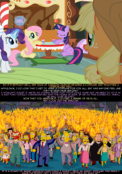 Size: 1080x1536 | Tagged: safe, edit, edited screencap, screencap, applejack, fluttershy, rarity, twilight sparkle, earth pony, human, pegasus, pony, unicorn, 28 pranks later, filli vanilli, g4, the mysterious mare do well, angry mob, female, groundskeeper willie, implied pinkie pie, magic, male, mare, misspelling, police officer, psyga's alternate pony scenes, superintendent chalmers, take that, telekinesis, the simpsons, the simpsons movie, torch, unicorn twilight