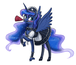 Size: 1280x1096 | Tagged: safe, artist:king-kakapo, princess luna, alicorn, pony, g4, blushing, clothes, cuffs (clothes), dress, duster, female, fetlock tuft, frilly dress, high heels, maid, mary janes, mouth hold, pantyhose, raised hoof, skirt, solo, stockings