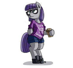Size: 1280x1192 | Tagged: safe, artist:pabbley, maud pie, earth pony, pony, g4, 30 minute art challenge, bipedal, clothes, coffee, female, glasses, hipster, simple background, solo, white background