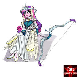 Size: 724x720 | Tagged: safe, artist:kul, dean cadance, princess cadance, equestria girls, g4, archery, bow (weapon), crossover, crown, fate/stay night, feather, halo, jewelry, regalia, sitting, smiling