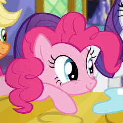 Size: 373x373 | Tagged: safe, screencap, applejack, pinkie pie, rarity, pony, castle sweet castle, g4, animated, blinking, cute, diapinkes, female, ponk, solo focus