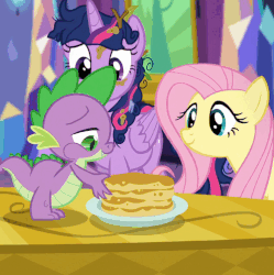 Size: 500x502 | Tagged: safe, screencap, fluttershy, spike, twilight sparkle, alicorn, pony, castle sweet castle, g4, season 5, animated, eating, food, messy mane, pancakes, this will end in weight gain, twilight sparkle (alicorn)