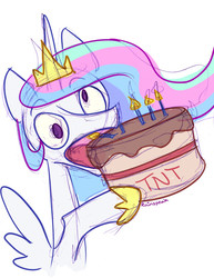 Size: 500x648 | Tagged: safe, artist:rainspeak, princess celestia, g4, cake, cakelestia, derplestia, eating, explosives, food, stoopid monkey, stupidity, this will end in tears and/or a journey to the moon, tnt