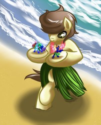 Size: 1033x1280 | Tagged: safe, oc, oc only, oc:city sweep, oc:star bright, earth pony, pony, unicorn, beach, clothes, dancing, female, giant pony, grass skirt, hooves, hula, hula dance, macro, male, mare, micro, sand, size difference, skirt, stallion, tiny, tiny ponies