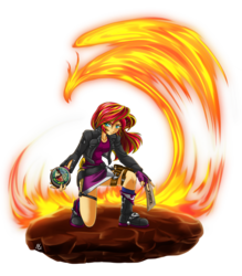 Size: 3333x3800 | Tagged: safe, artist:mauroz, sunset shimmer, human, phoenix, g4, badass, boots, breasts, clothes, female, fiery shimmer, fingerless gloves, fire, gloves, high res, humanized, leather jacket, signature, socks, solo