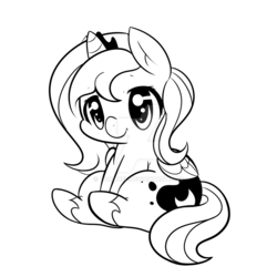 Size: 1024x1024 | Tagged: safe, artist:tamabel, princess luna, alicorn, pony, g4, cute, deviantart watermark, female, filly, lineart, lunabetes, monochrome, obtrusive watermark, simple background, sitting, solo, watermark, white background, woona