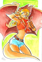 Size: 1491x2204 | Tagged: safe, artist:briannacherrygarcia, artist:marco-the-scorpion, applejack, gargoyle, anthro, g4, armpits, belly button, clothes, crossover, daisy dukes, female, front knot midriff, gargoyles, grin, midriff, one eye closed, shorts, smiling, solo, species swap, traditional art, wink