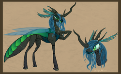 Size: 1000x610 | Tagged: safe, artist:basiliskfree, queen chrysalis, changeling, changeling queen, insect, g4, alternate design, brown background, female, holeless, mandibles, realistic, simple background, solo