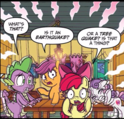 Size: 1688x1618 | Tagged: safe, artist:tonyfleecs, idw, official comic, apple bloom, scootaloo, spike, sweetie belle, dragon, earth pony, pegasus, pony, unicorn, g4, ponies of dark water, spoiler:comic, spoiler:comic43, cropped, cutie mark crusaders, earthquake, female, filly, foal, group, male, quartet, shaking, speech bubble