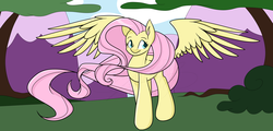 Size: 5000x2400 | Tagged: safe, artist:bluerainbow01, fluttershy, g4, female, mountain, solo, spread wings, tree