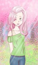 Size: 600x1024 | Tagged: safe, artist:161141, fluttershy, human, g4, clothes, female, humanized, off shoulder, one eye closed, open mouth, pants, shirt, solo, wink