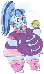 Size: 647x1080 | Tagged: safe, artist:sithvampiremaster27, sonata dusk, equestria girls, g4, belly, fat, female, food, solo, sonataco, sonatubby, taco, that girl sure loves tacos, that siren sure does love tacos, tongue out, traditional art