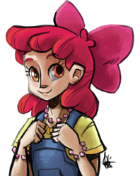 Size: 555x700 | Tagged: safe, artist:theartrix, apple bloom, human, g4, clothes, dungarees, female, humanized, shirt, simple background, solo, transparent background