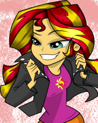 Size: 1024x1283 | Tagged: safe, artist:alligatorgummy, artist:lunchie, sunset shimmer, equestria girls, g4, my little pony equestria girls: rainbow rocks, abstract background, clothes, credits, eyebrows, eyebrows visible through hair, female, grin, jacket, leather jacket, shine like rainbows, skirt, smiling, smirk, solo, teeth
