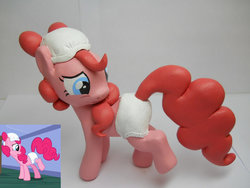 Size: 900x675 | Tagged: safe, artist:earthenpony, pinkie pie, baby cakes, g4, adult foal, diaper, diaper on head, scene interpretation, sculpture, traditional art