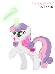 Size: 768x1024 | Tagged: safe, artist:cinnamon-swirls, artist:pinkgurl19912, sweetie belle, g4, cutie mark, ear piercing, earring, female, jewelry, magic, microphone, older, open mouth, piercing, raised leg, signature, simple background, solo, the cmc's cutie marks, transparent background