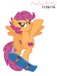 Size: 768x1024 | Tagged: safe, artist:cinnamon-swirls, artist:pinkgurl19912, scootaloo, g4, cutie mark, ear piercing, earring, female, jewelry, older, piercing, scooter, signature, simple background, solo, the cmc's cutie marks, transparent background