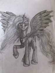 Size: 2448x3264 | Tagged: safe, artist:dashingrainboom, princess luna, alicorn, pony, g4, female, looking at you, monochrome, raised hoof, sketch, solo, spread wings, traditional art