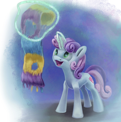 Size: 1506x1518 | Tagged: dead source, safe, artist:insanerobocat, sweetie belle, pony, unicorn, g4, clothes, cutie mark, female, magic, open mouth, scarf, solo, the cmc's cutie marks