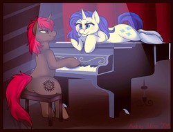 Size: 1700x1300 | Tagged: safe, artist:fur-what-loo, rarity, oc, oc:damien phoenix, g4, canon x oc, commission, musical instrument, piano, shipping, signature, sitting