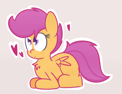 Size: 1061x815 | Tagged: safe, artist:mr-degration, scootaloo, pegasus, pony, g4, blank flank, blushing, chest fluff, cute, cutealoo, female, filly, foal, heart, heart eyes, lying down, prone, simple background, solo, wingding eyes