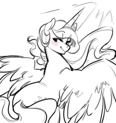 Size: 1280x1357 | Tagged: safe, artist:glacierclear, princess celestia, alicorn, pony, back, bedroom eyes, blushing, butt, covering, female, large wings, long tail, looking at you, looking back, love handles, mare, monochrome, plot, plump, smiling, solo, spine, spread wings, sunlight, sunshine, swanlestia