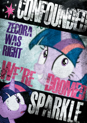 Size: 2480x3508 | Tagged: safe, artist:skeptic-mousey, twilight sparkle, g4, derp, panic, poster, typography