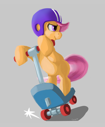 Size: 1024x1236 | Tagged: safe, artist:timsart79, scootaloo, g4, female, helmet, scooter, simple background, solo