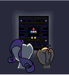 Size: 500x543 | Tagged: dead source, safe, artist:queenoftheshrimp15, button mash, rarity, g4, animated, crack shipping, female, gamer rarity, kissing, male, ms. pac-man, multiplayer, nervous, no sense, one sided shipping, pac-man, rarigamer, rarimash, shipping, straight, unrequited, video game