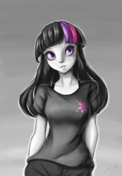 Size: 1036x1500 | Tagged: safe, artist:the-park, twilight sparkle, human, g4, clothes, female, grayscale, highlights, humanized, jeans, monochrome, neo noir, pants, partial color, shirt, simple background, solo, t-shirt