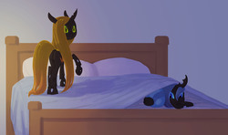Size: 1435x850 | Tagged: safe, artist:carnifex, oc, oc only, oc:ambrosia, oc:myxine, changeling, changeling queen, g4, bed, blue changeling, bugbutt, butt, changeling oc, changeling queen oc, cute, duo, female, hide and seek, hiding, plot, plushie, prone, raised hoof, smiling, wide eyes, yellow changeling, younger