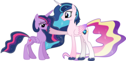 Size: 6186x3031 | Tagged: safe, artist:osipush, princess cadance, shining armor, twilight sparkle, alicorn, pony, g4, ambiguous gender, boop, concave belly, duo, ethereal mane, female, fusion, gradient mane, male, older, older twilight, ship:shiningcadance, shipping, siblings, simple background, slender, straight, thin, transparent background, twilight sparkle (alicorn), ultimate twilight, vector